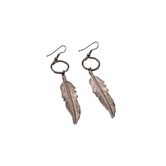 Feather Dangle Drop Earrings Silver Tone Native American Boho French Hook 3.5" - Picture 4 of 7